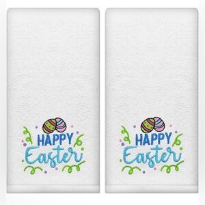 Happy Easter Embroidered White Hand Towels Set of 2